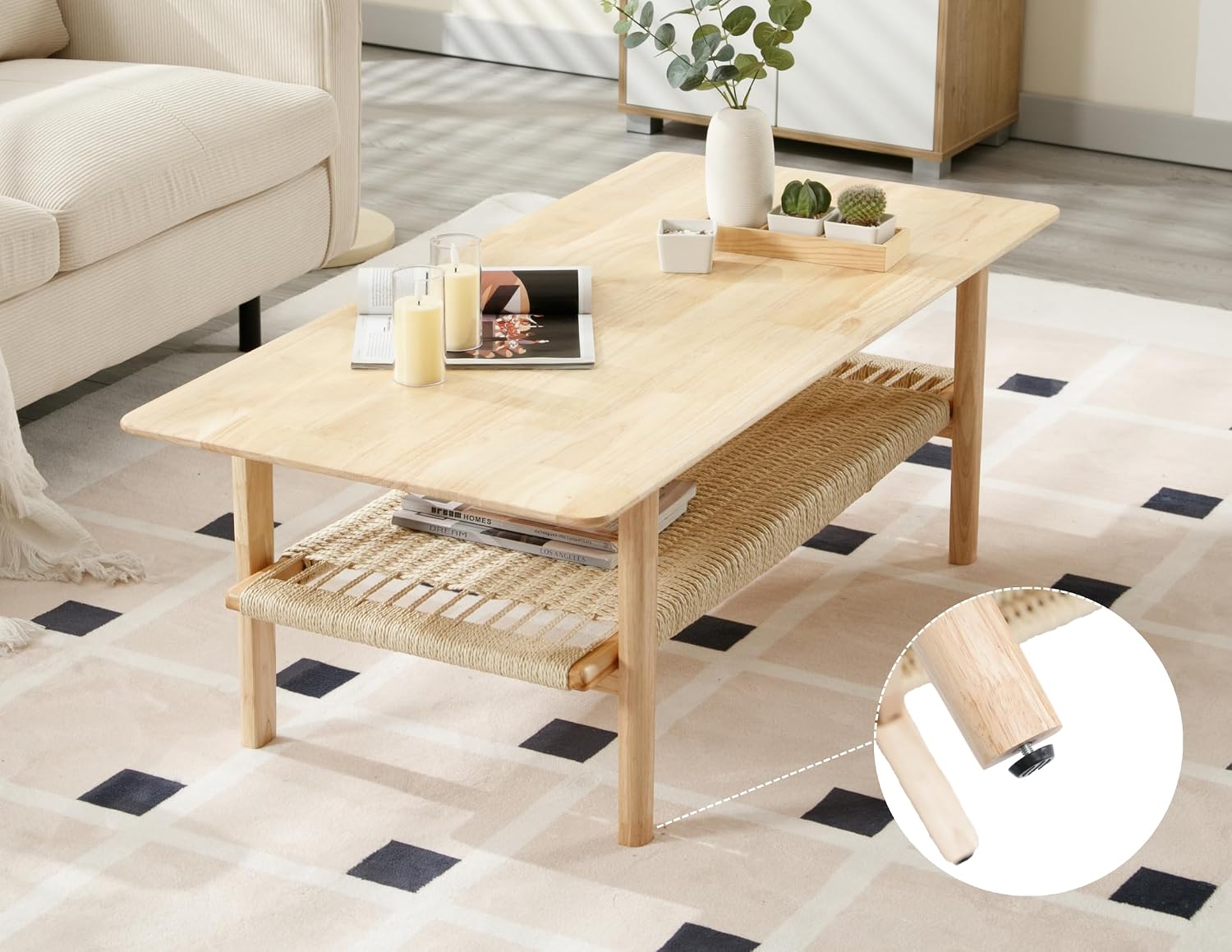 Farmhouse Coffee Table for Living Room 2-Tier Coffee Table with Natural Rattan Storage Shelf Large Rectangular Center Table for Living Room Reception, Natural Color