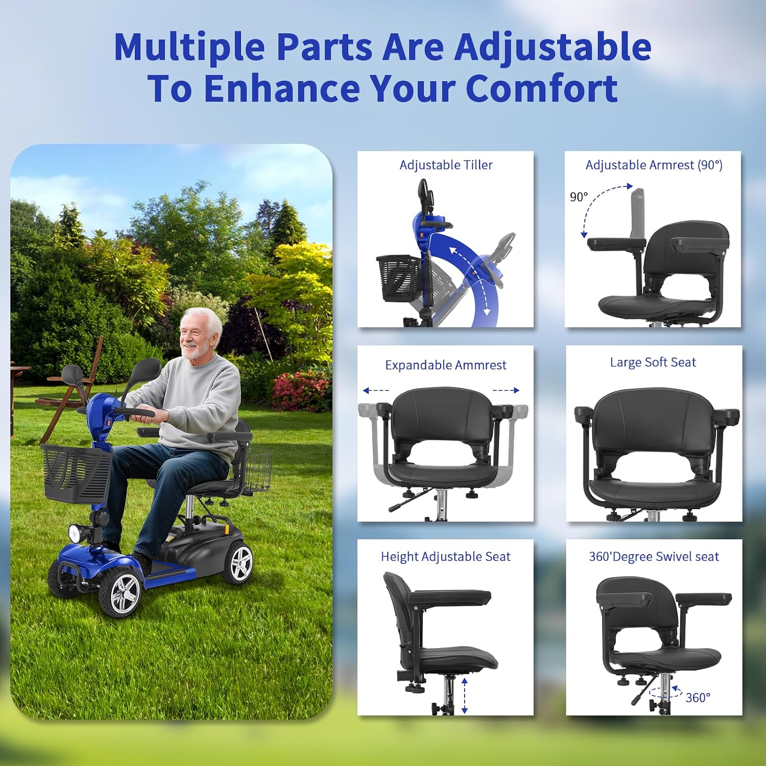 Mobility Scooter for Seniors/Adults, up to 300lbs Capacity, 4 Wheels Mobility Scooters with 15 Miles 350W 5/7MPH, Electric Wheelchair, Adjustable Seat with Rear Mirror