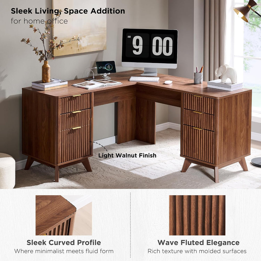 T4TREAM 60'' Fluted Executive L Shaped Desk, Modern Home Office Desk with Charging Station and File Drawer, Computer Corner Desks with Drawers & Storage Cabinet for Office Home, Bedroom, Light Walnut