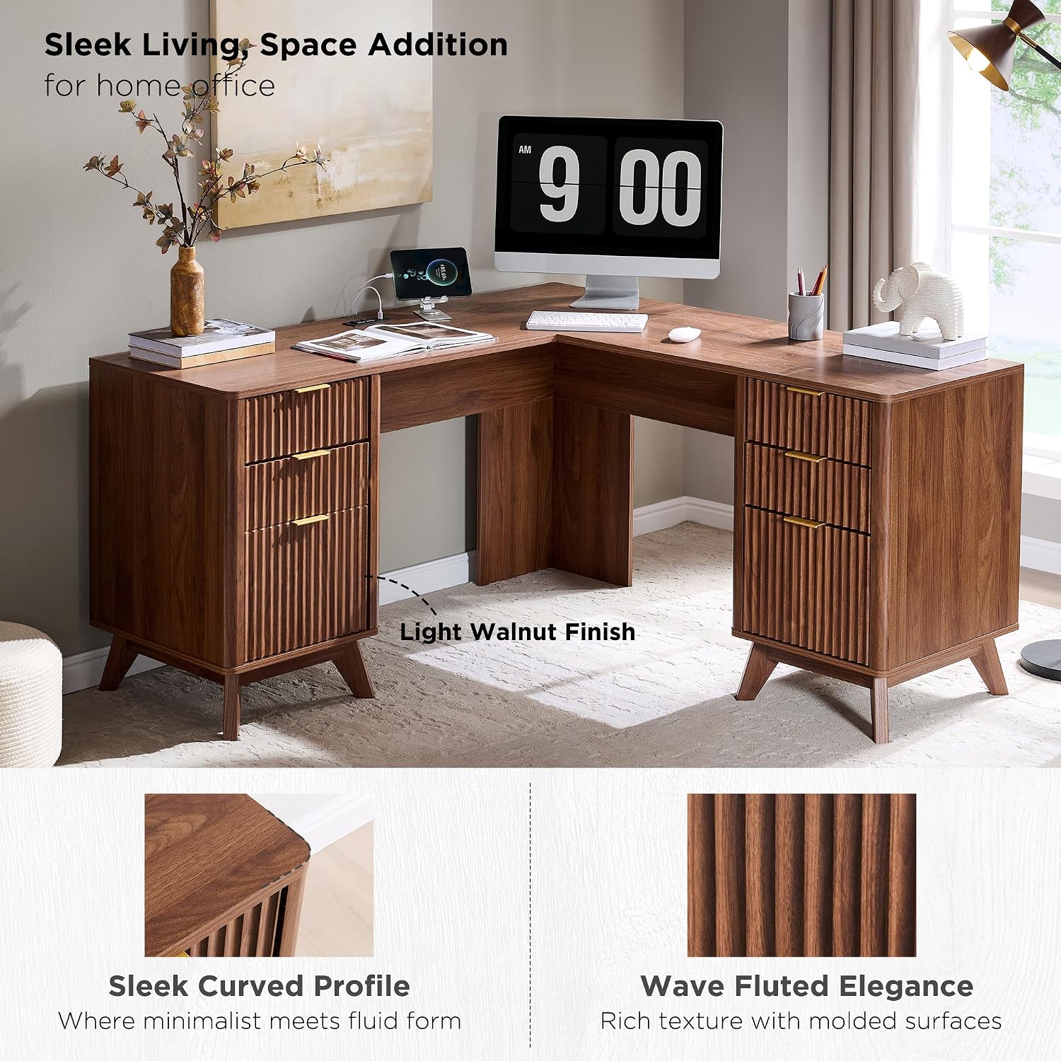 T4TREAM 60'' Fluted Executive L Shaped Desk, Modern Home Office Desk with Charging Station and File Drawer, Computer Corner Desks with Drawers & Storage Cabinet for Office Home, Bedroom, Light Walnut