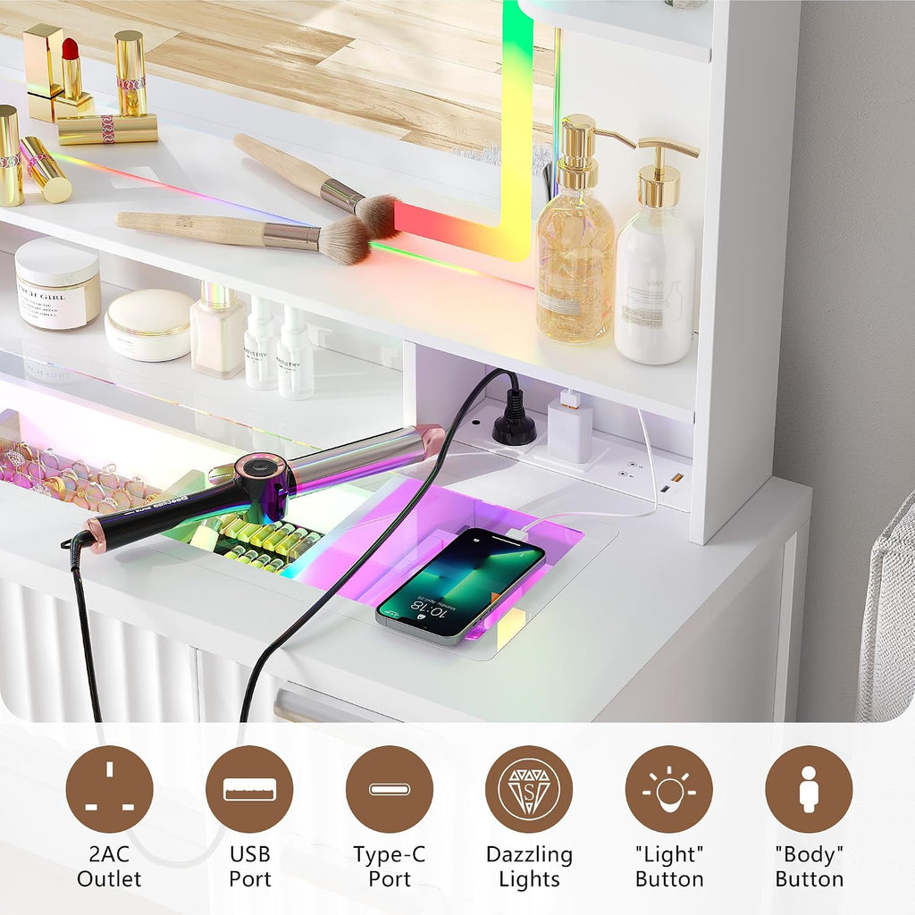 Fluted Makeup Vanity with Large Storage & RGB Lighting, Vanity Desk with 9 Drawers, Jewelry Organizer, Open Shelves & Charger Station, Dressing Table Gift for Women/Girls/Lady, White