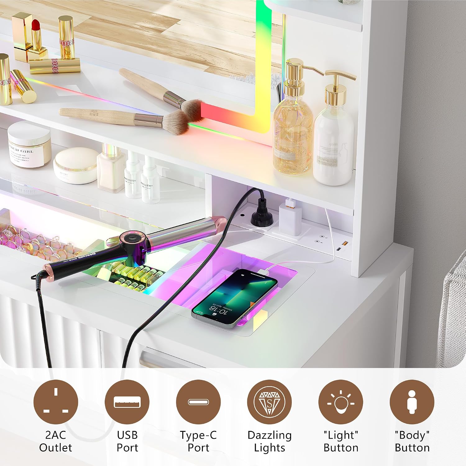 Fluted Makeup Vanity with Large Storage & RGB Lighting, Vanity Desk with 9 Drawers, Jewelry Organizer, Open Shelves & Charger Station, Dressing Table Gift for Women/Girls/Lady, White