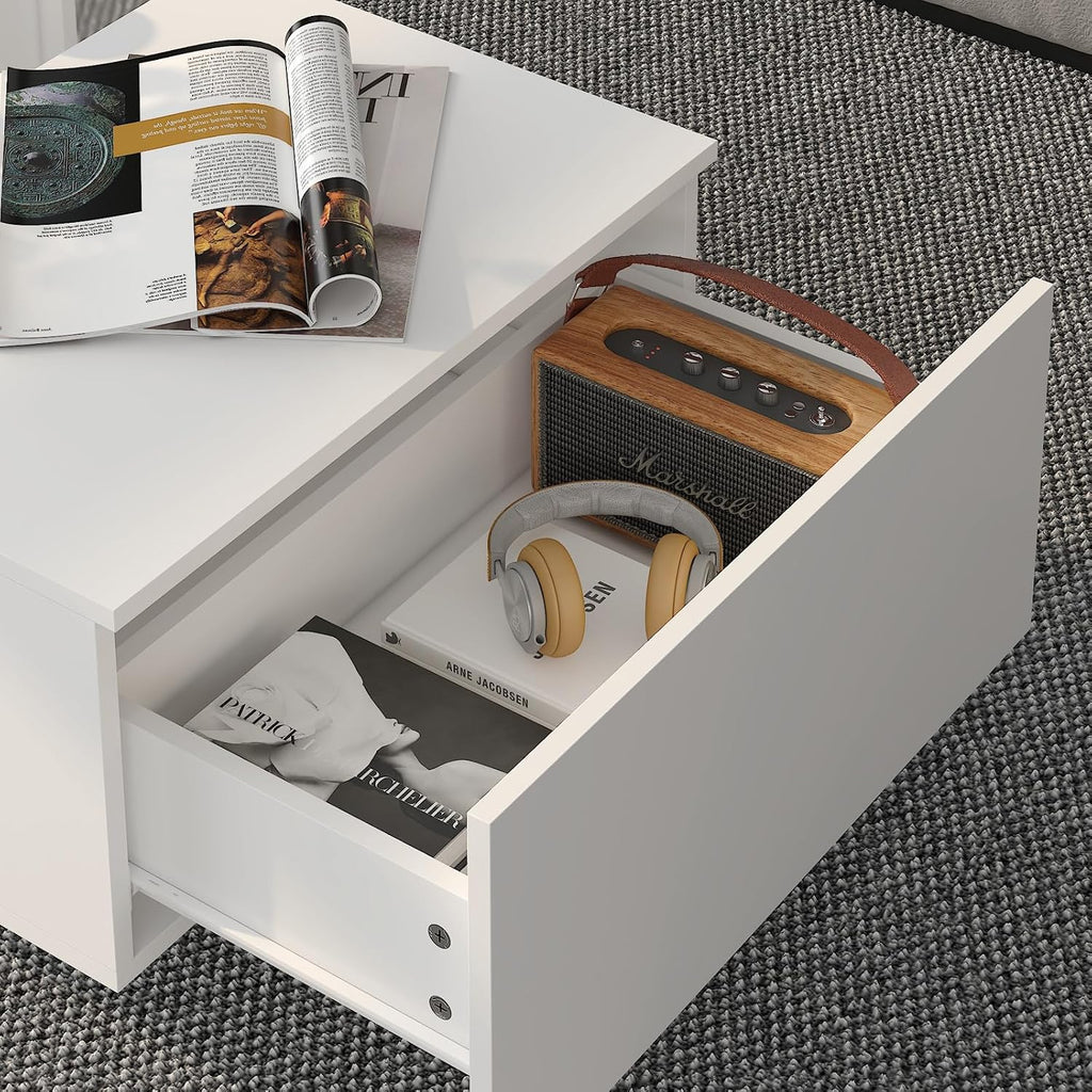 HedoAjim White Led Coffee Table for Living Room, Rectangular Living Room Table with Storage, Acrylic Coffee Tables with 2 Sliding Drawers, Wood Center Table for Reception Dinning Room