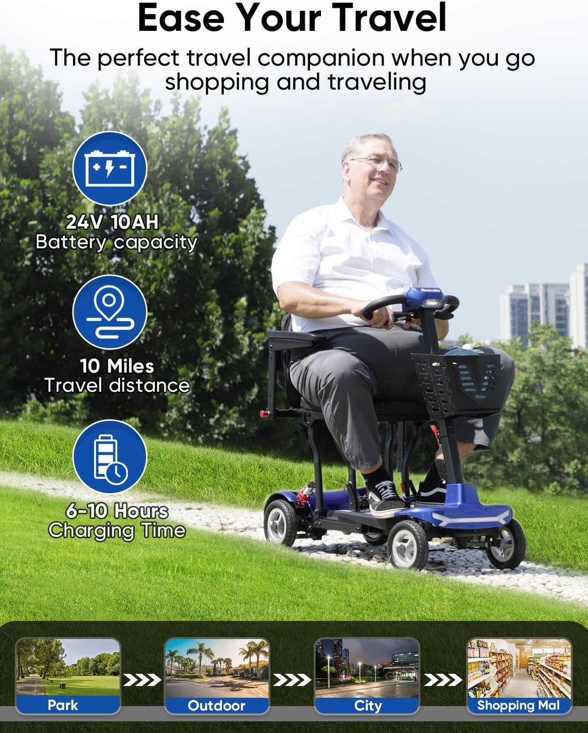 Folding Mobility Scooters for Seniors & Adults - 37.5lbs Lightweight Portable Travel Electric Scooter, Airport & Cruise Approved, All Terrain 4-Wheel Motorized Scooter, 275 lbs Capacity, Blue