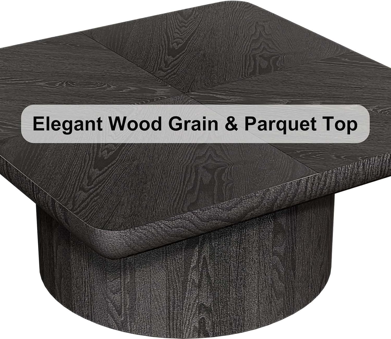 Modern Square Coffee Table with Cylindrical Base, Wood Coffee Table with Parquet Pattern & Thickened Tabletop, Center Table Tea Table for Living Room Apartment, 34.6''L×34.6''W×14.9''H, Black