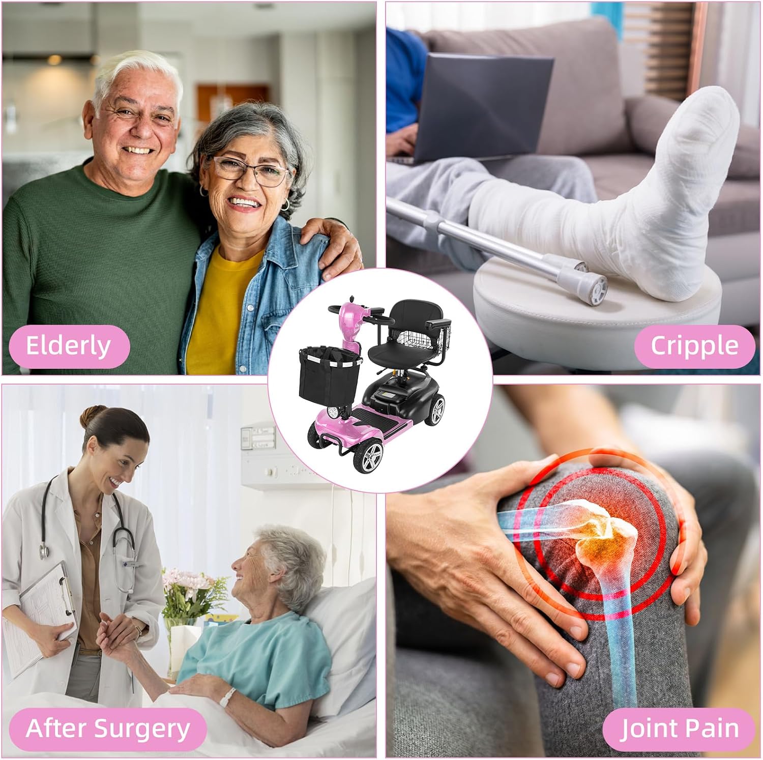 20 Miles 4 Wheels Mobility Scooter for Seniors/Adults Up to 300LBS,350W Electric Wheelchair Detachable Lithium Battery,Dual Baskets,Rotating Seat,with Taillight, USB Charging, Pink