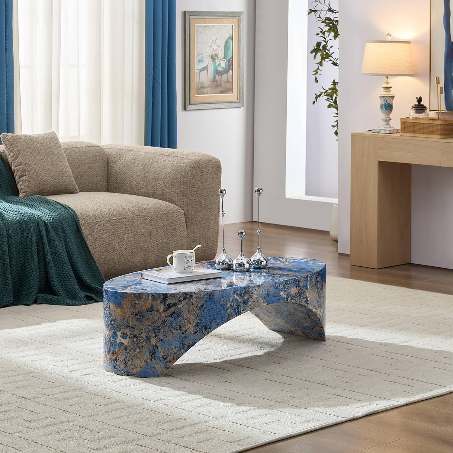 Oval Coffee Tables for Living Room, Faux Mars Pattern Pedestal CoffeeTables Mid Century Modern Minimalist Cave Tables Travertine Stone Pattern Accent End Table for Apartment, Office Fibgerglass Blue