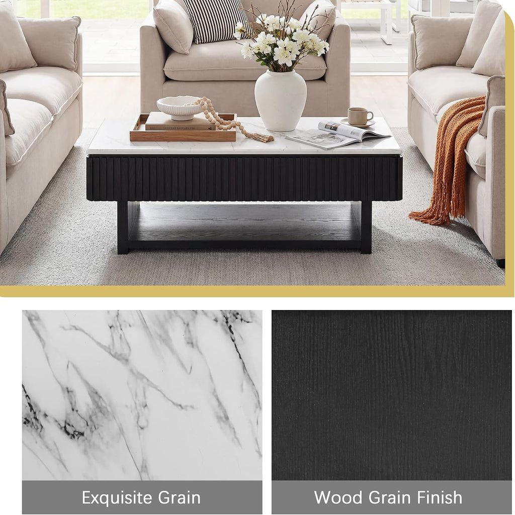 47.4' Lift Top Coffee Table with Drawer & Storage, Modern Fluted Coffee Table with Marble-Pattern Top & Solid Wood Strips, Rising Center Table for Living Room Apartment,Rectangle, Black & White