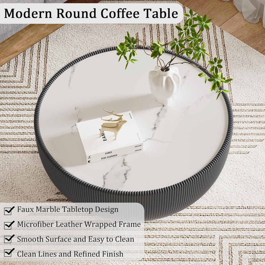 Round Coffee Table Set with Sintered Stone Tabletop, 27.56' Grey Drum Center Table and 19.69' Grey Coffee Table Set, 2 Pieces Living Room Table Set with Fluted PU Leather Cover& Metal Base