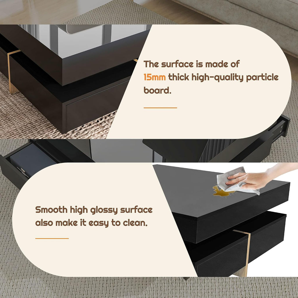 Modern Coffee Table with Storage, Contemporary Square Coffee Table with Drawers, High Gloss Modern Center Table for Living Room, Reception Room, Office, Black, 31' D X 31' W X 11' H