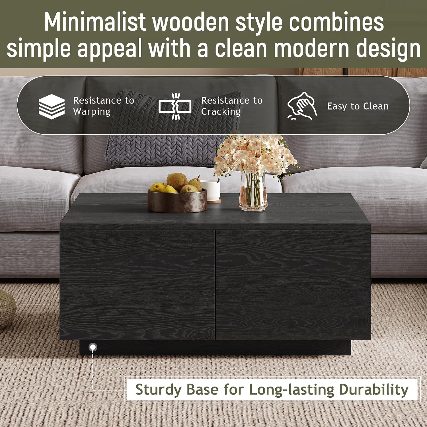 SSLine Square Coffee Table with 4 Storage Drawers,33.2-Inch Black Wooden Coffee Table for Living Room Minimalist Cocktail Center Tables for Small Space