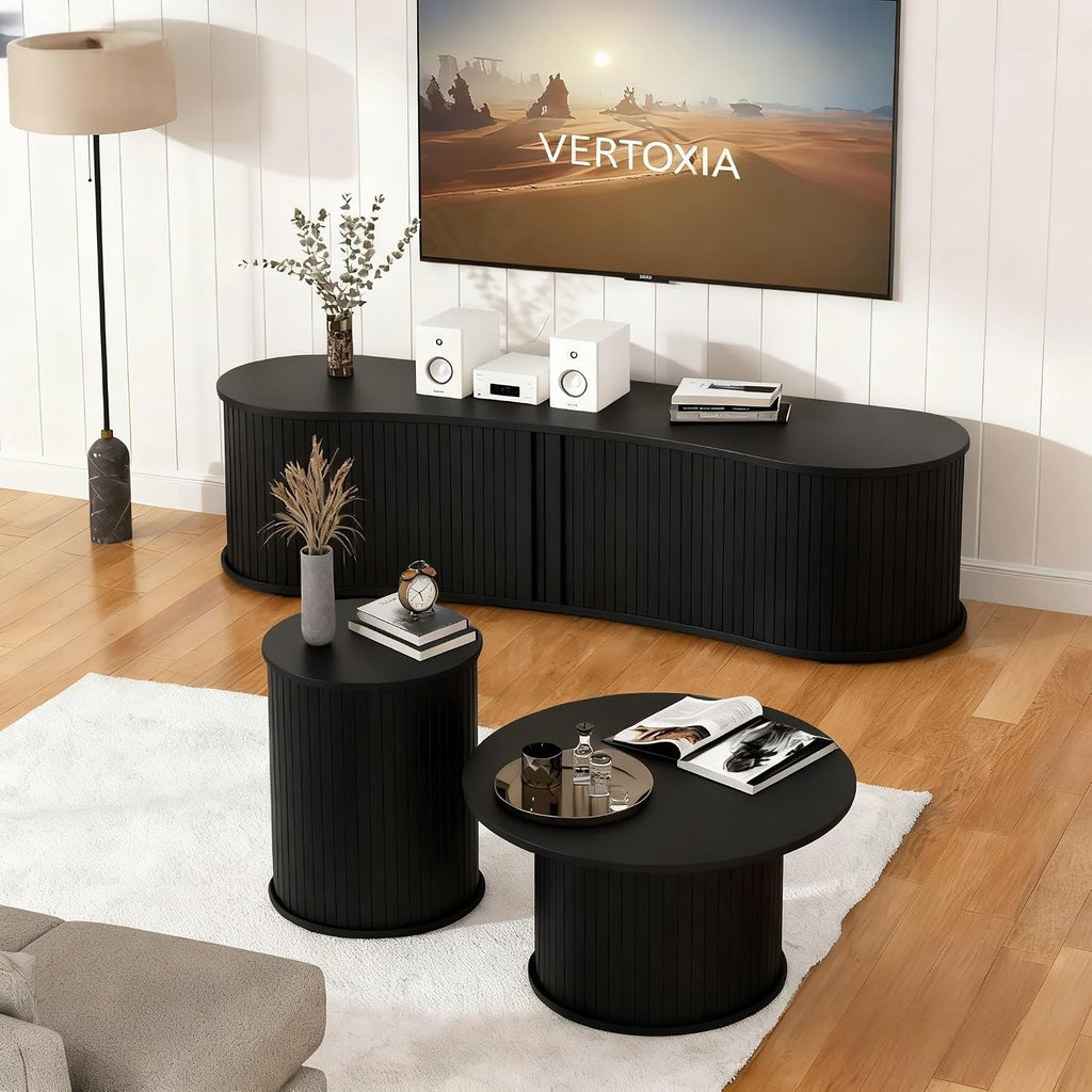 TV Stand and Coffee Table Set of 3, Living Room Table Set Fluted End Table & Coffee Table & 59' Low TV Stand with Sliding Doors for Living Room, Bedroom, No Screws Ultra Fast Assembly, Black