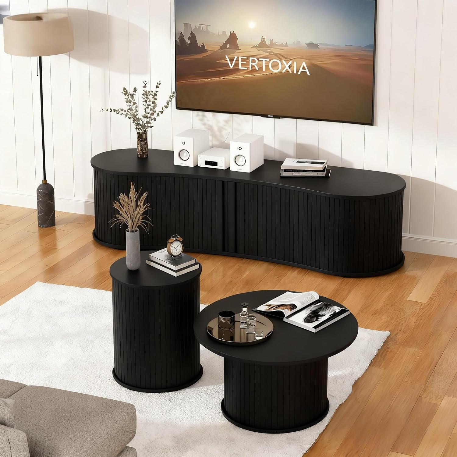 TV Stand and Coffee Table Set of 3, Living Room Table Set Fluted End Table & Coffee Table & 59' Low TV Stand with Sliding Doors for Living Room, Bedroom, No Screws Ultra Fast Assembly, Black