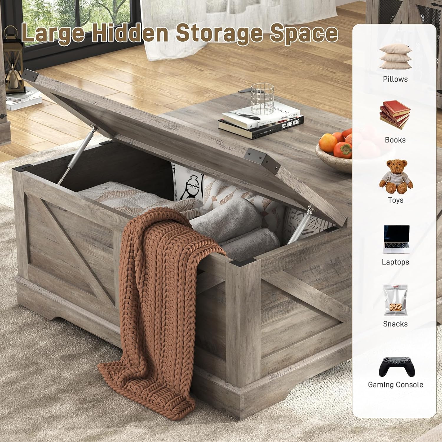 Hlivelood 40' Large Farmhouse Lift Top Coffee Table with Power Outlets and Large Hidden Storage, Square Wood Living Room Tables, Multi-Function Lift Wooden Barn Door Center Table, Grey