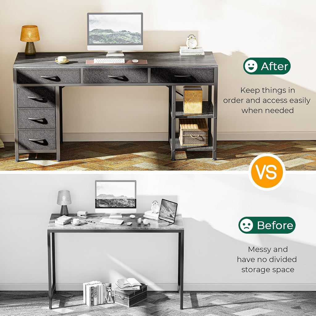 Huuger Computer Desk with 6 Drawers, Office Desk with Shelves, Reversible Gaming Desk, Corner Desk with Storage, Work for Home Office, Study, Living Room, 54inch, Grey