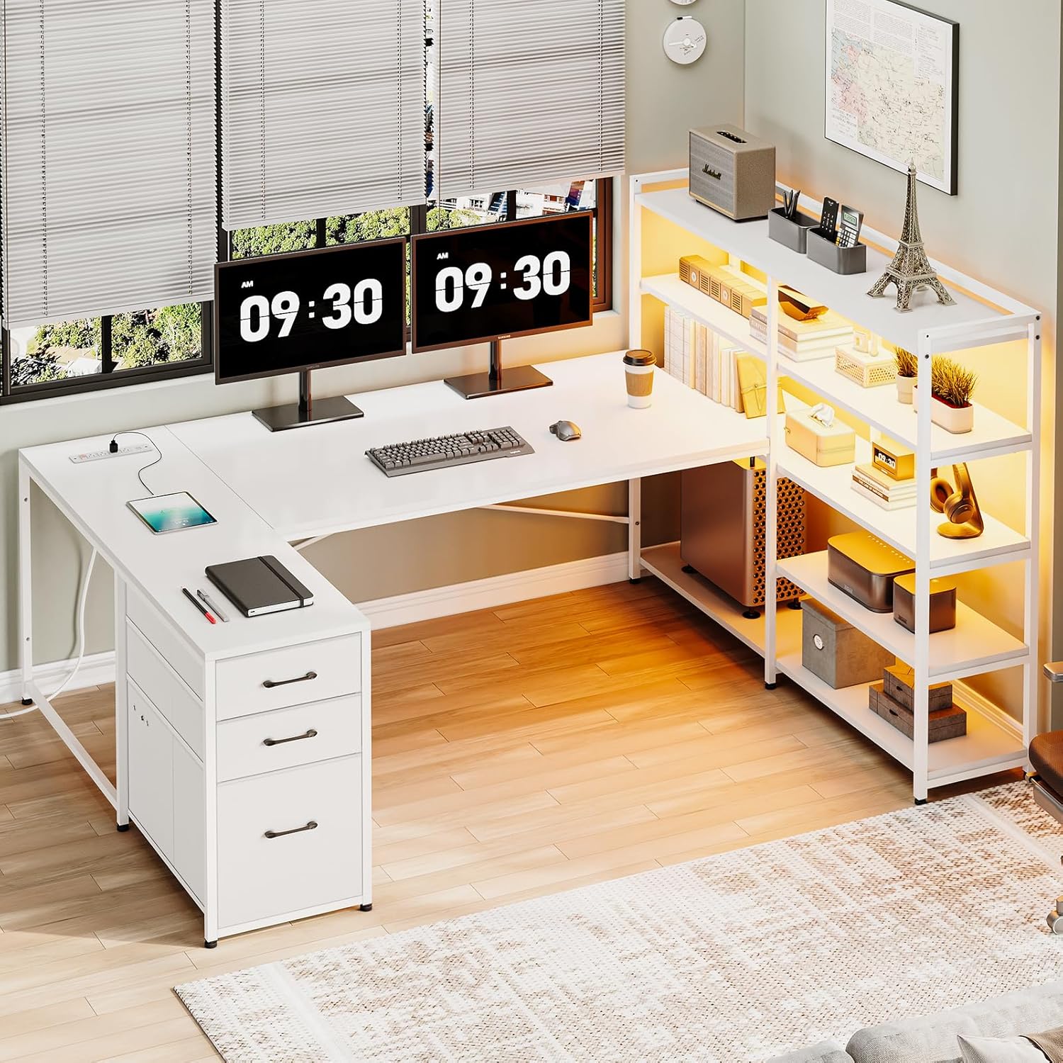 SEDETA L Shaped Office Desk with Drawers, 64.5' Reversible Computer Desk with Storage Shelves and Power Outlet, Corner Gaming Desk with LED Strip for Home Office, White