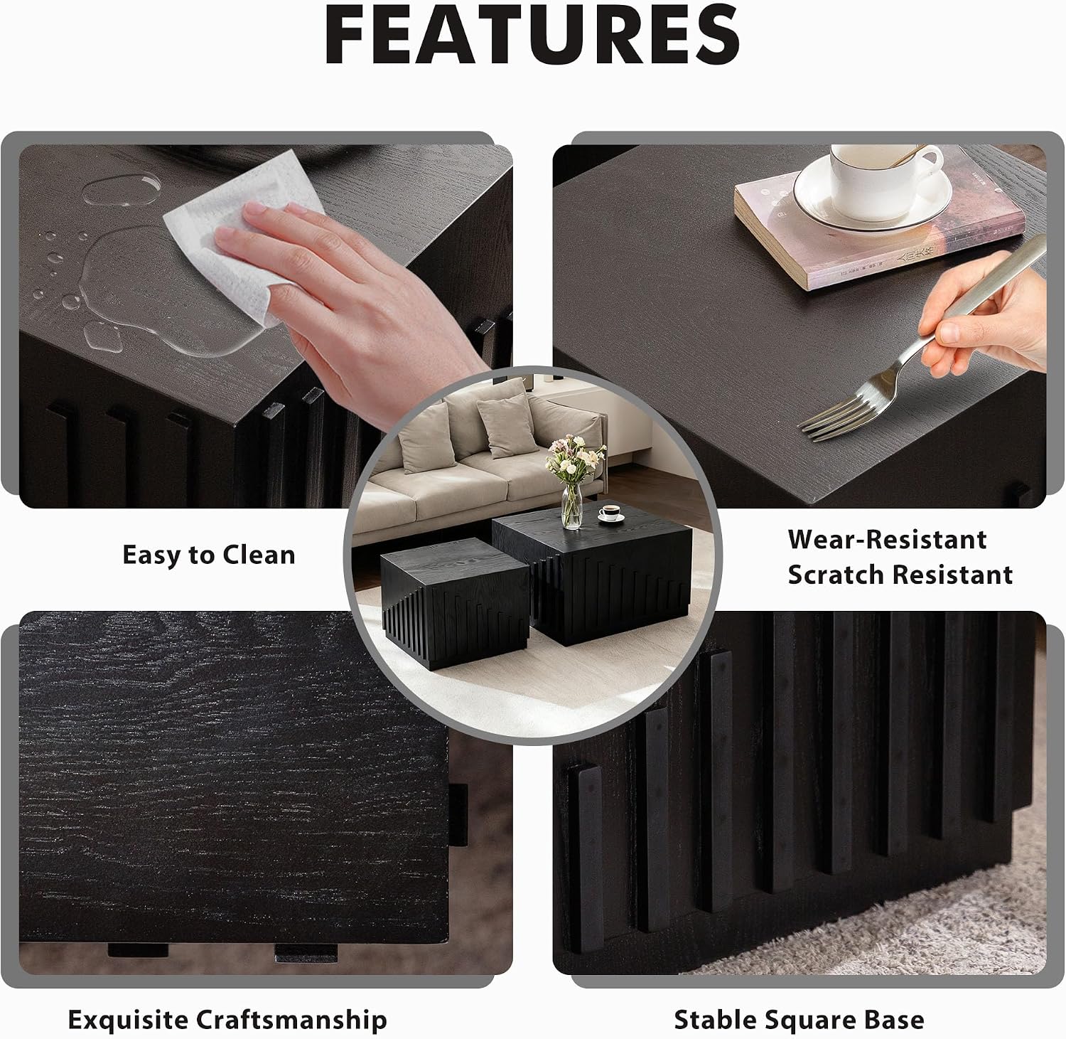 Black Nesting Tables for Living Room, Set of 2, Square Nesting Coffee Table Farmhouse Wooden Fluted Coffee Table, Modern Small Center Table End Side Table for Small Spaces Bedroom Balcony Office
