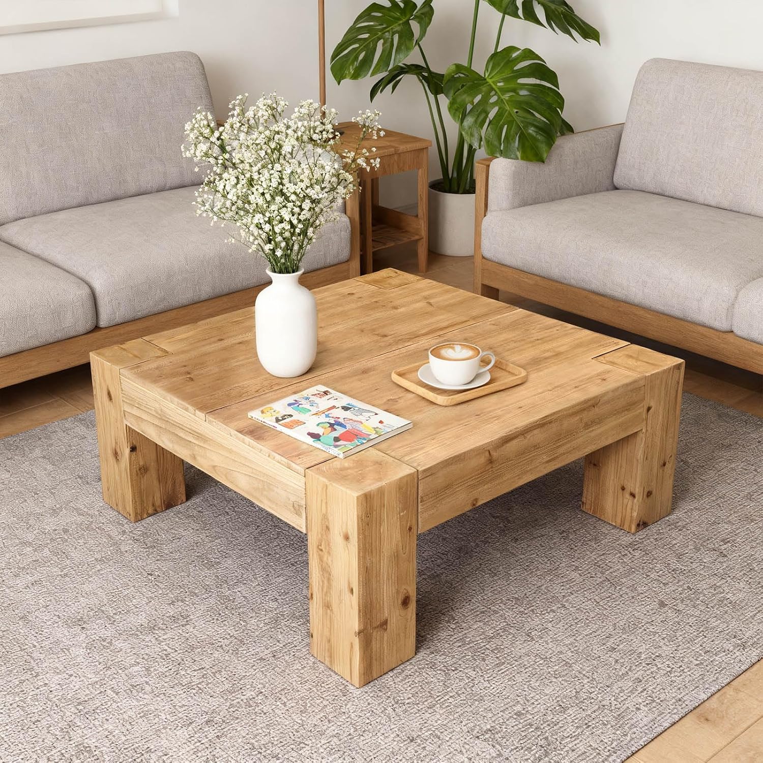 39.4' Square Coffee Table, Farmhouse Solid Wood Coffee Table with Sturdy Base, Mid-Century Modern Accent Center Tea Tables for Living Room Apartment, Easy Assembly