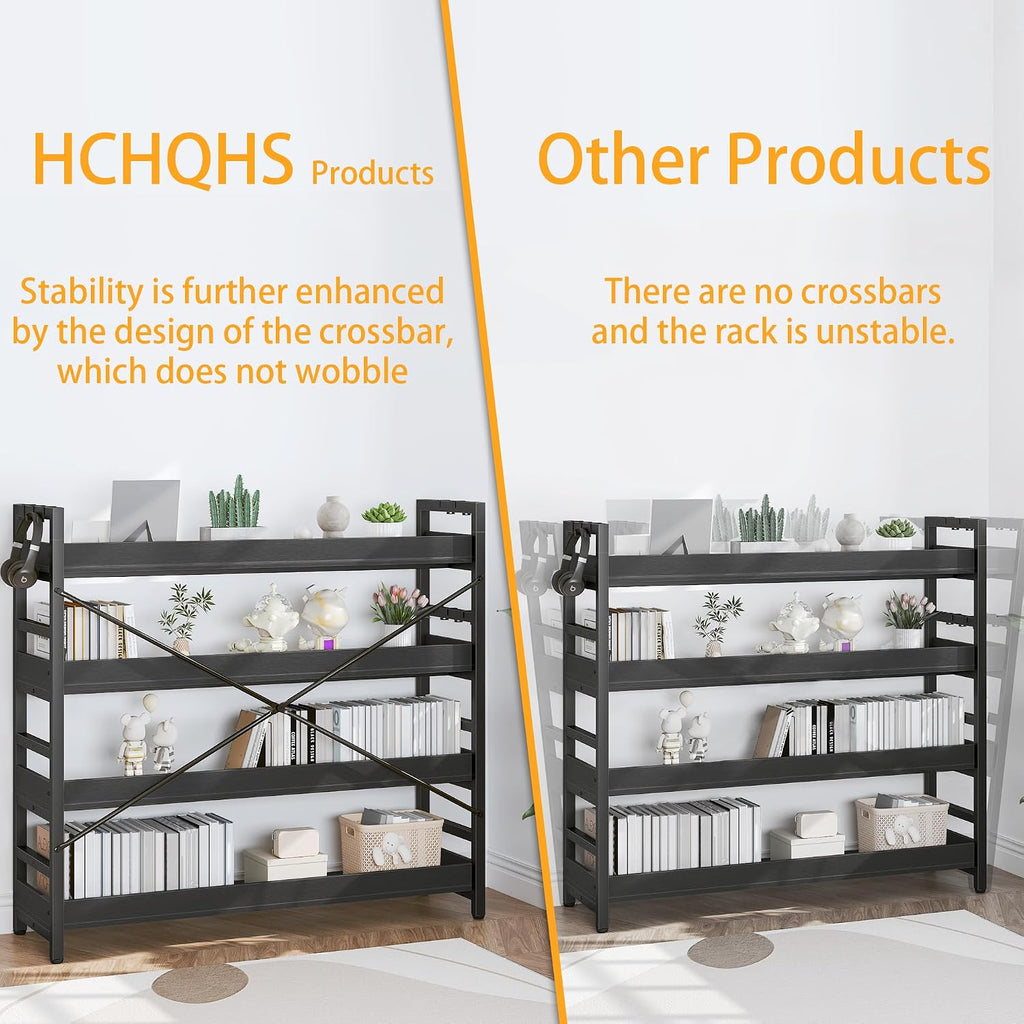 HCHQHS Bookshelf, Adjustable Industrial Bookcase, Vertical Tall Book Shelf, Wood and Black Metal Open Bookshelves for Home Office, Living Room, Bedroom (Black, 4-Tier (47' W x 44' H))