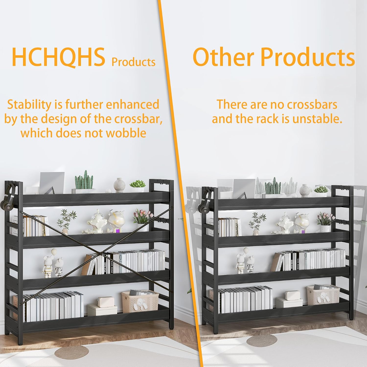 HCHQHS Bookshelf, Adjustable Industrial Bookcase, Vertical Tall Book Shelf, Wood and Black Metal Open Bookshelves for Home Office, Living Room, Bedroom (Black, 4-Tier (47' W x 44' H))
