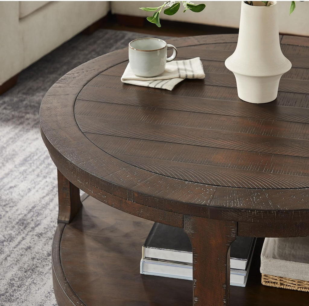 WILLIAMSPACE Round Nesting Coffee Table Set of 3, Mid Century Rustic Farmhouse Solid Wood Coffee Tables Center Table for Living Room Apartment, ø40 + ø24 + ø17.56 (Drak Brown)