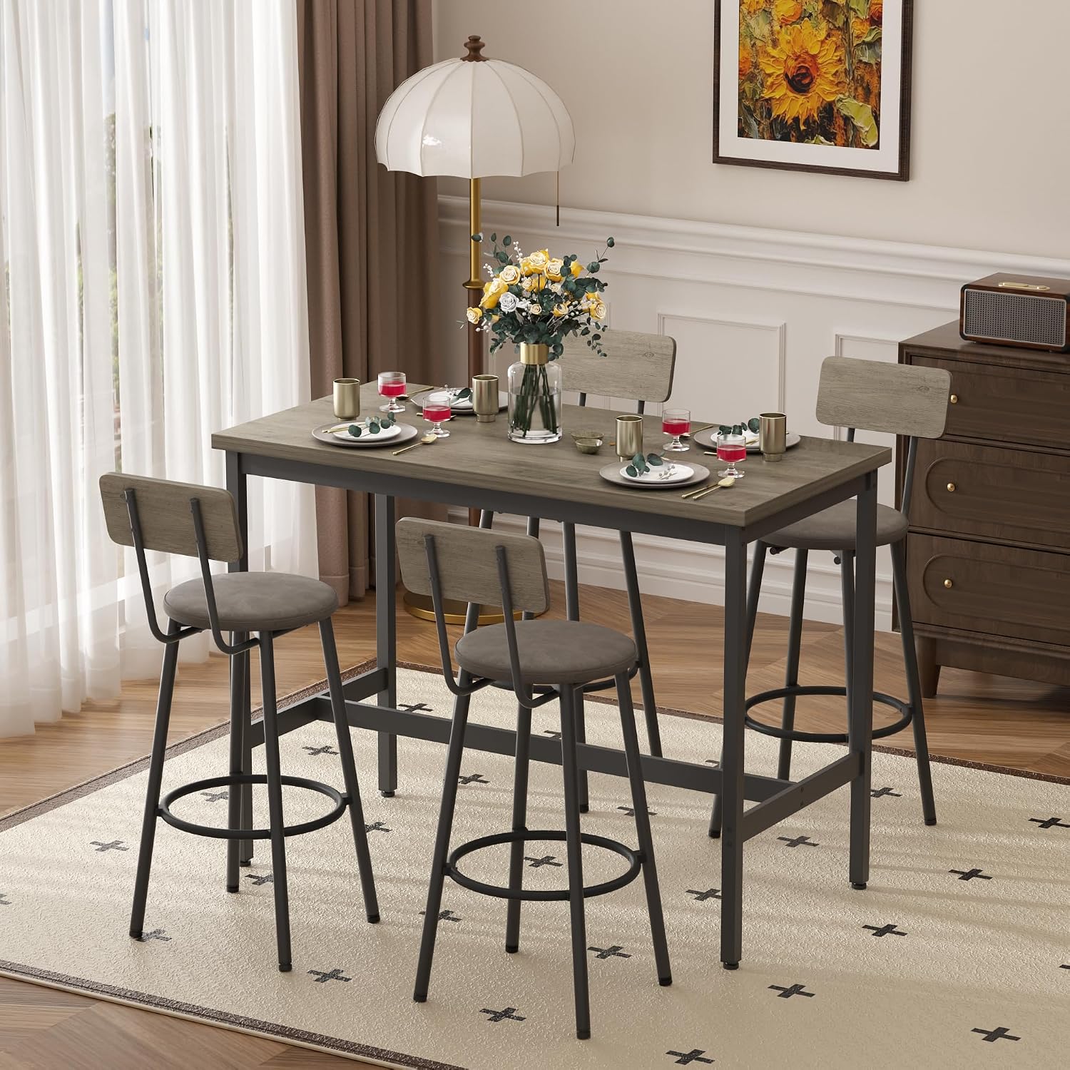 Elevon 47 in Long Bar Table Set with 4 PU Leather Bar Stools, Dining Table and Chair Sets, Industrial Tall Coffee Table and Back Chair for Kitchen, Living Room, Party Room, Pub, Rustic Gray