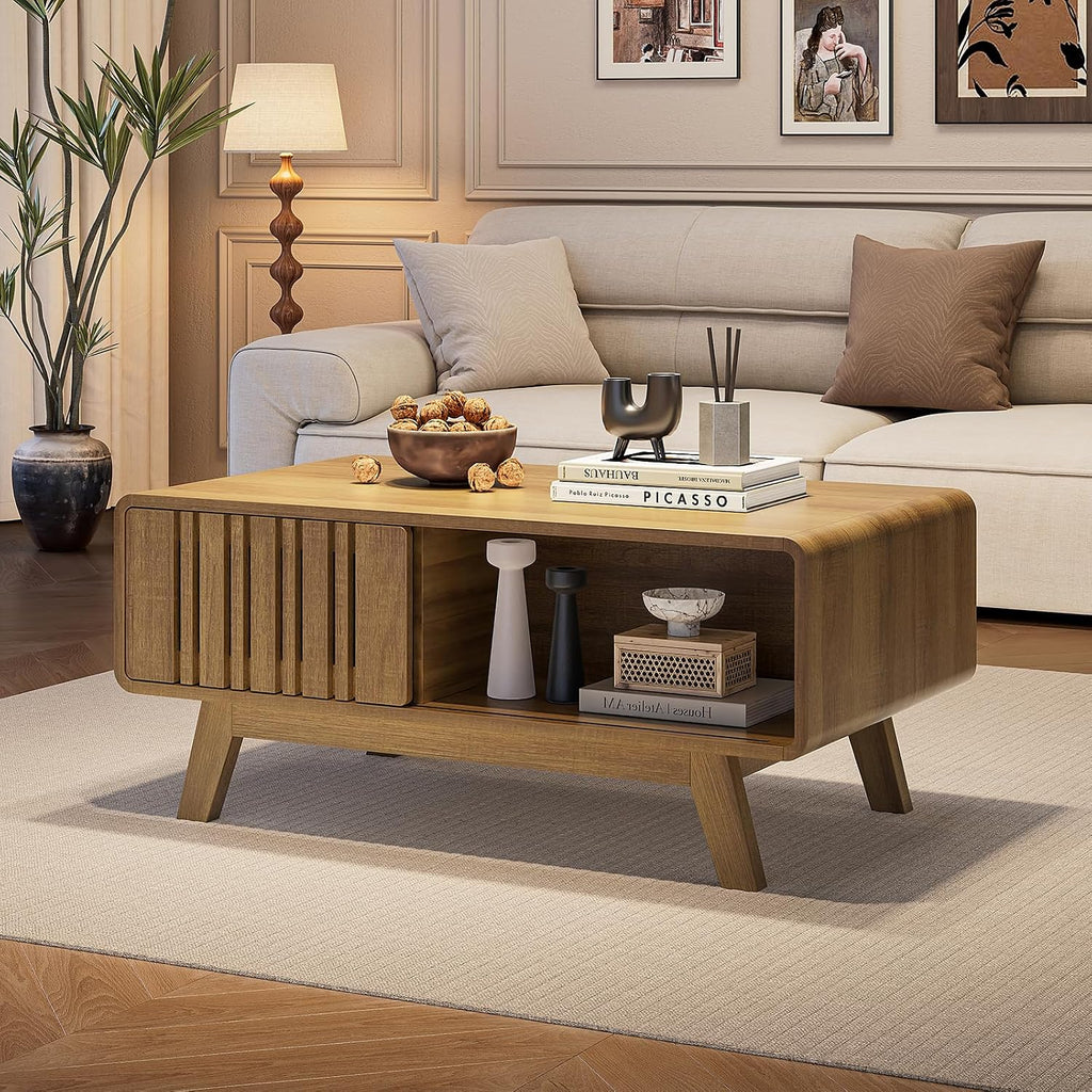 ONBRILL Coffee Table, Mid Century Modern Table with Storage Compartment, Fluted Table with Sliding Cabinet Door, Farmhouse Wood Coffee Table for Living Room (Natural)