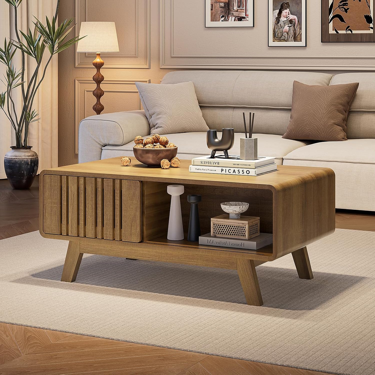 ONBRILL Coffee Table, Mid Century Modern Table with Storage Compartment, Fluted Table with Sliding Cabinet Door, Farmhouse Wood Coffee Table for Living Room (Natural)