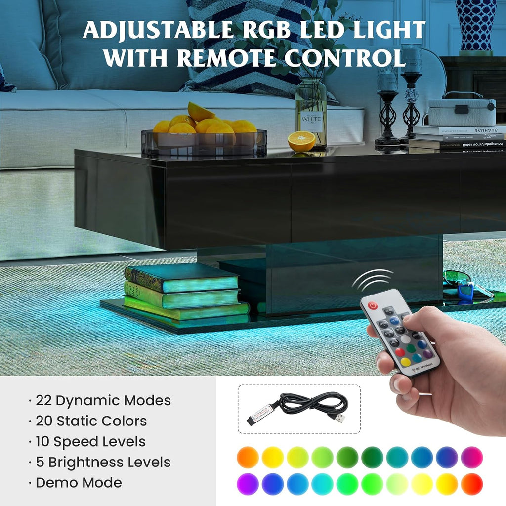 Tangkula LED Coffee Table with 2 Drawers, High Glossy Modern Center Table, 20-Color Dimmable LED Lights & Remote Control, 2-Tier Rectangle Coffee Table for Living Room (with Drawer, Black)