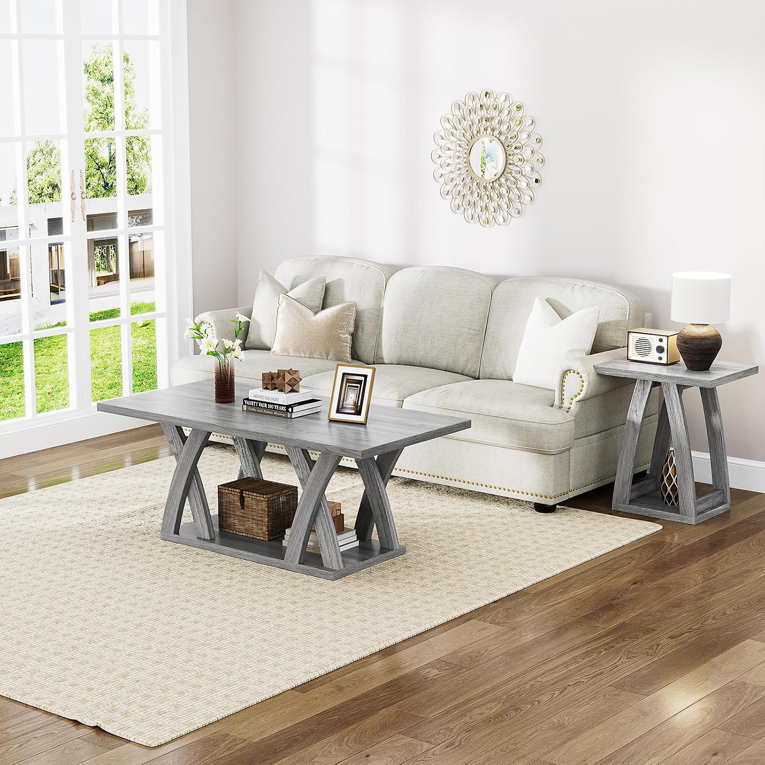 47' Farmhouse Coffee Tables for Living Room Rustic Stands with Storage Shelf Grey Coffee Tables for Living Room Farmhouse Center Stands with Shelf Wood Rectangle Center Table