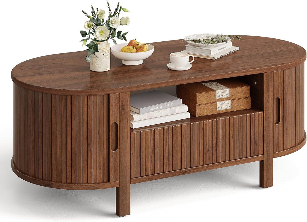 ComfyCorner 47' Oval Coffee Table, Tambour Design Coffee Tables for Living Room, Mid Century Modern Wood Coffee Table, 3-Tier Accent Center Table with Storage, Large Drawer, Walnut