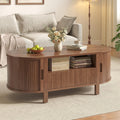 47.2' Fluted Coffee Table, Oval Coffee Table with 1 Drawer and 1 Open Shelf, Mid-Century Modern Center Tables with Storage and Sliding Doors, Coffee Tables for Living Room, Walnut