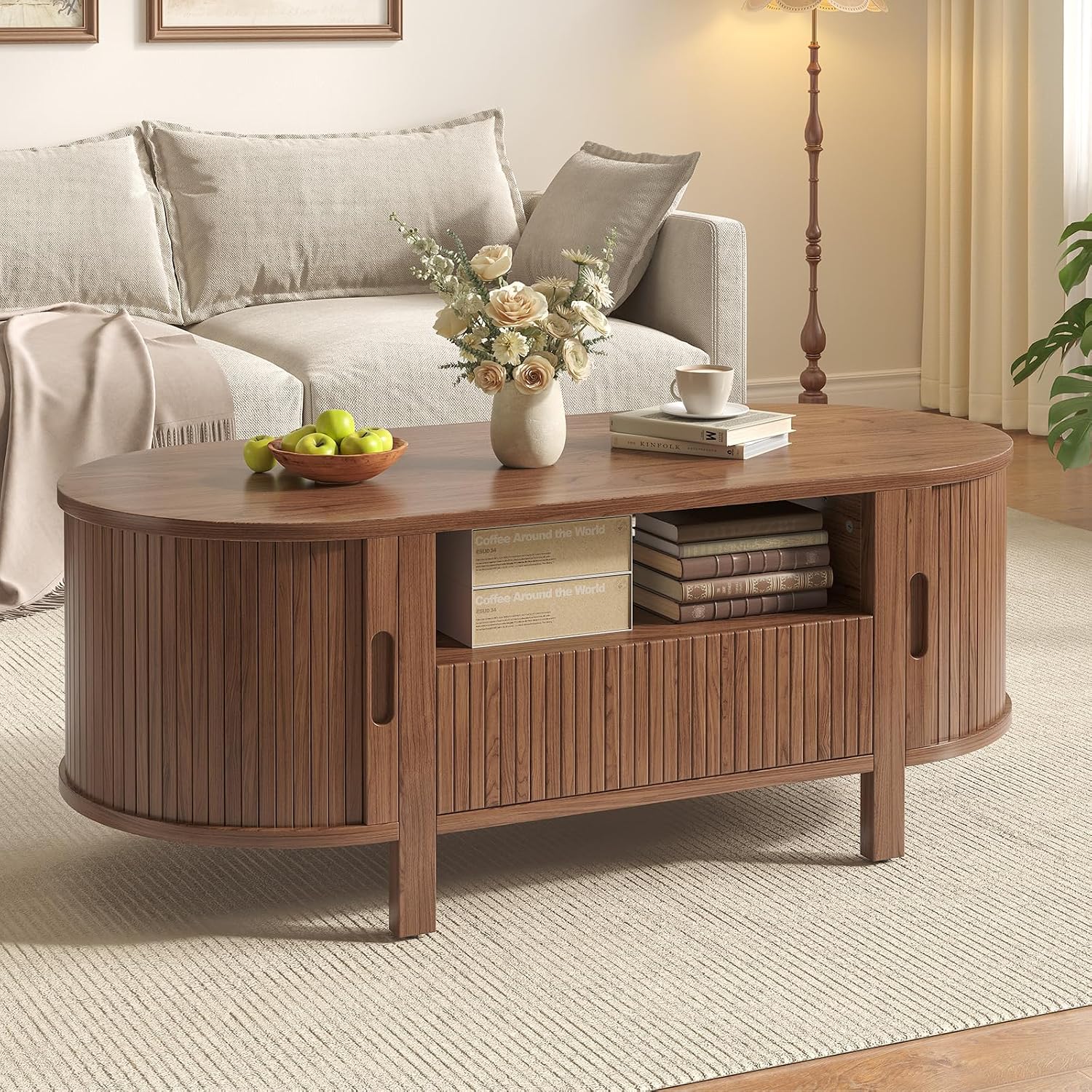 47.2' Fluted Coffee Table, Oval Coffee Table with 1 Drawer and 1 Open Shelf, Mid-Century Modern Center Tables with Storage and Sliding Doors, Coffee Tables for Living Room, Walnut