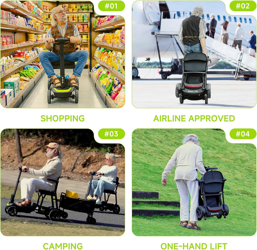 SCOOTNGO Mobility Scooters for Seniors, 4 Wheel Foldable Lightweight Airline Approved Mobility Scooter for Adults, Dual Batteries, Portable, No Assembly Needed (Silver Grey, Standard)