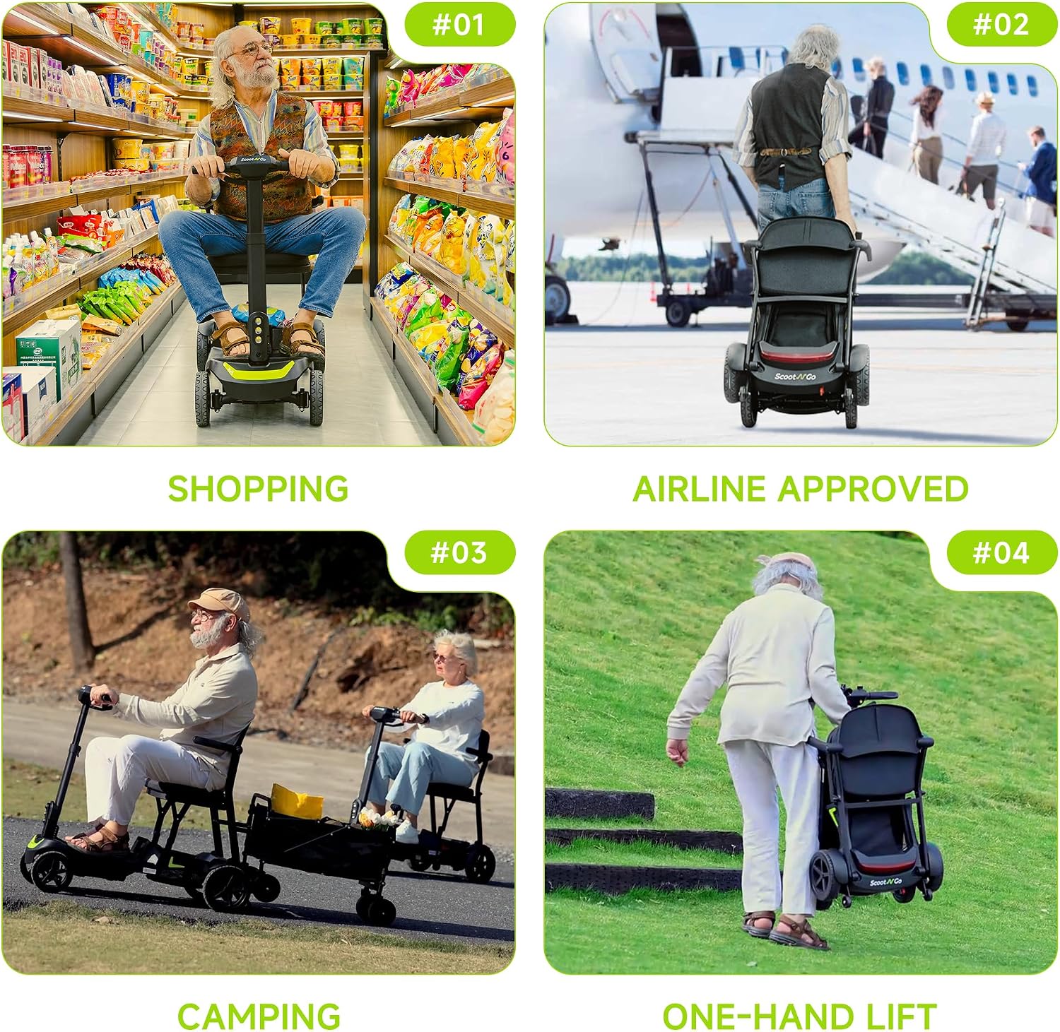 SCOOTNGO Mobility Scooters for Seniors & Adults, 4 Wheel Foldable Lightweight Airline Approved, Dual Removable Batteries, Portable for Travel, No Assembly Needed (Silver Grey, Classic)
