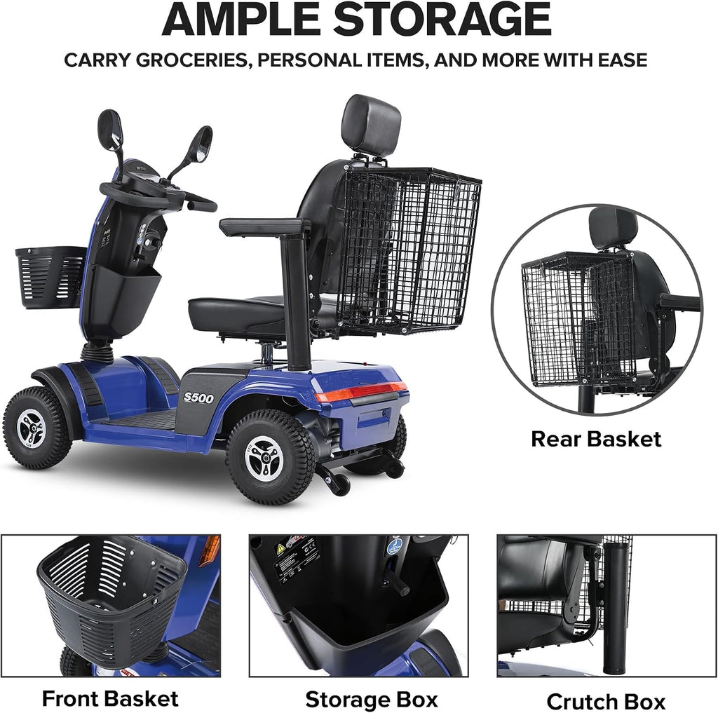 Mobility Scooters for Seniors & Adults 500 Lb Weight Foldable,Heavy Duty 4 Wheel Powered Scooter,Portable Disability Electric Wheelchair,500W Motor,52AH Battery,25 Miles Range,Rear Basket,Blue