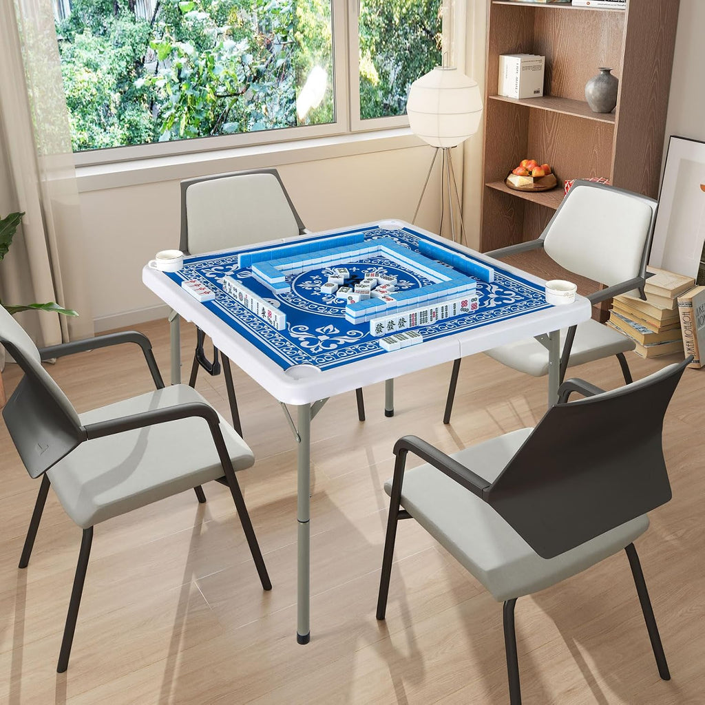 Goplus Mahjong Table, 35' Square Folding Card Table w/4Cup Holders, Anti Slip Mat, HDPE Tabletop, Metal Legs, Portable Mahjong Game Table for Domino Game, Picnic (Ocean Blue, Table w/Removable Mat)