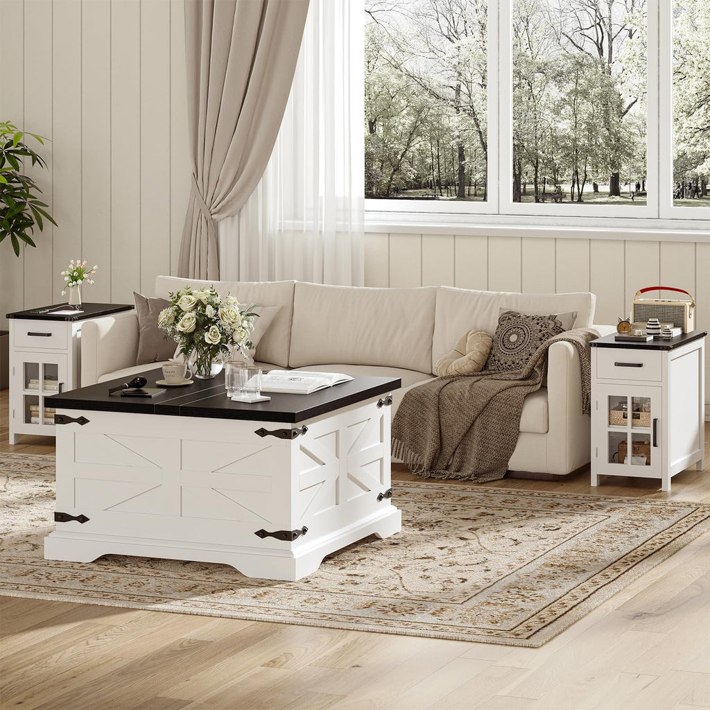 VVFLU Farmhouse Coffee Table with Storage, Square Center Table for Living Room, Rustic, Hinged Lift Top Soft Close, Wood, Large Hidden Storage, Modern, Metal Corner, White Black