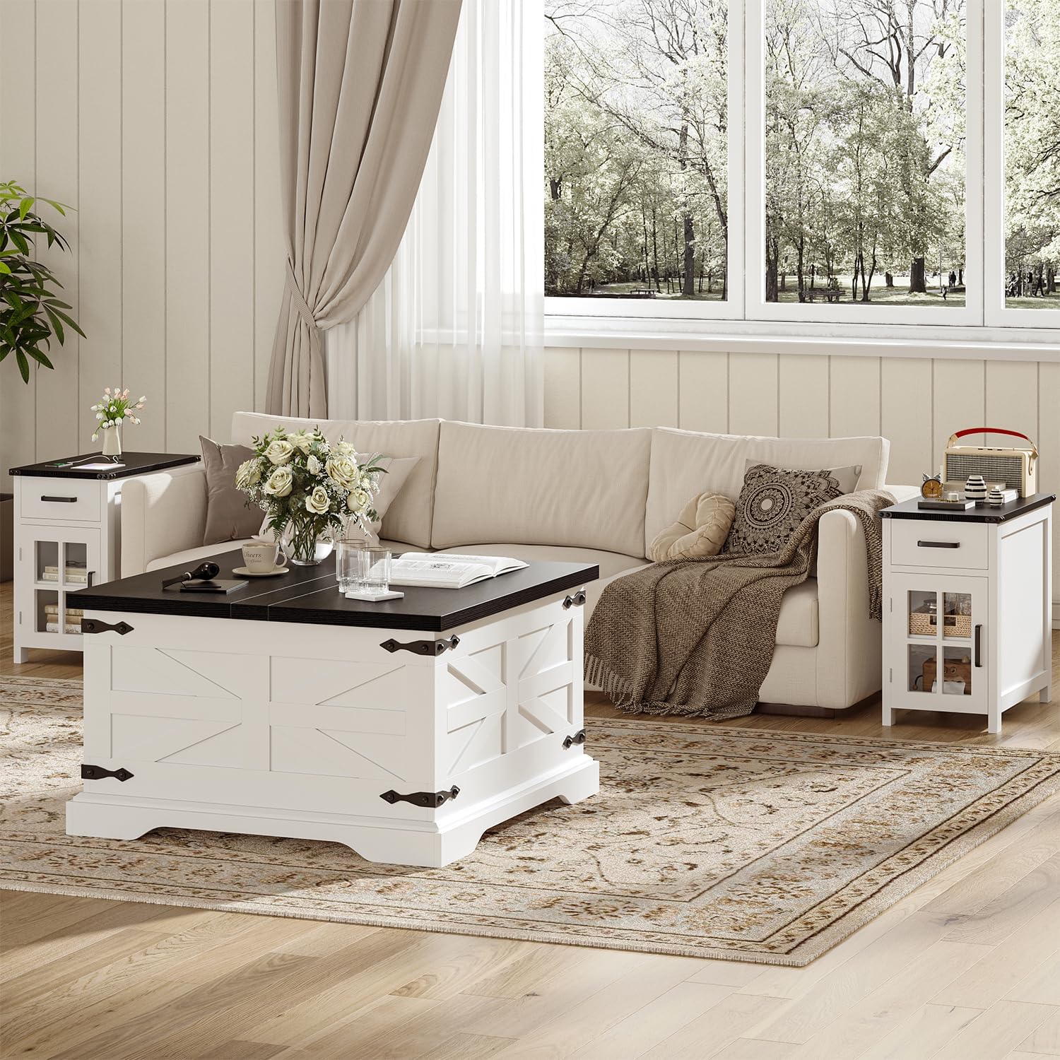 VVFLU Farmhouse Coffee Table with Storage, Square Center Table for Living Room, Rustic, Hinged Lift Top Soft Close, Wood, Large Hidden Storage, Modern, Metal Corner, White Black