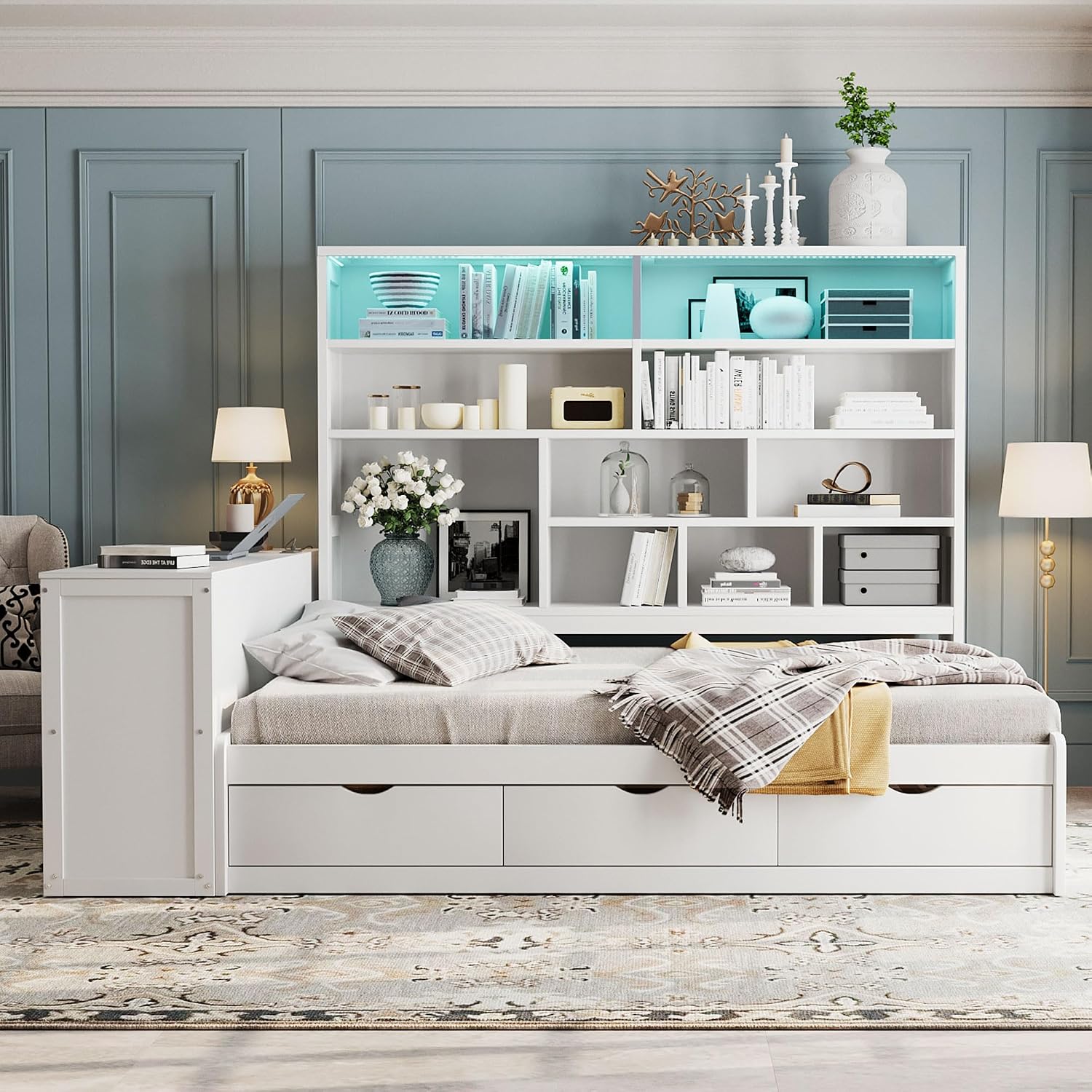 SOFTSEA Full Size Corner Day Bed with Drawers, Desk & Bookcase, Wood L Shaped Daybed with LED Lights and USB Ports for Kids Teens Adults, No Box Spring Needed, White