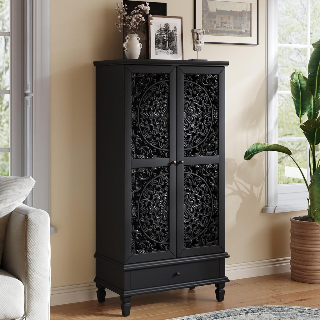 JIJIWANG Rustic 55'' Hollowed-Out Carving Storage Cabinet with 2 Doors and Shelves,French Wood Accent Cabinet with Distressed Finish,Buffet & Sideboard for Living Room,Entryway,Bedroom,Black