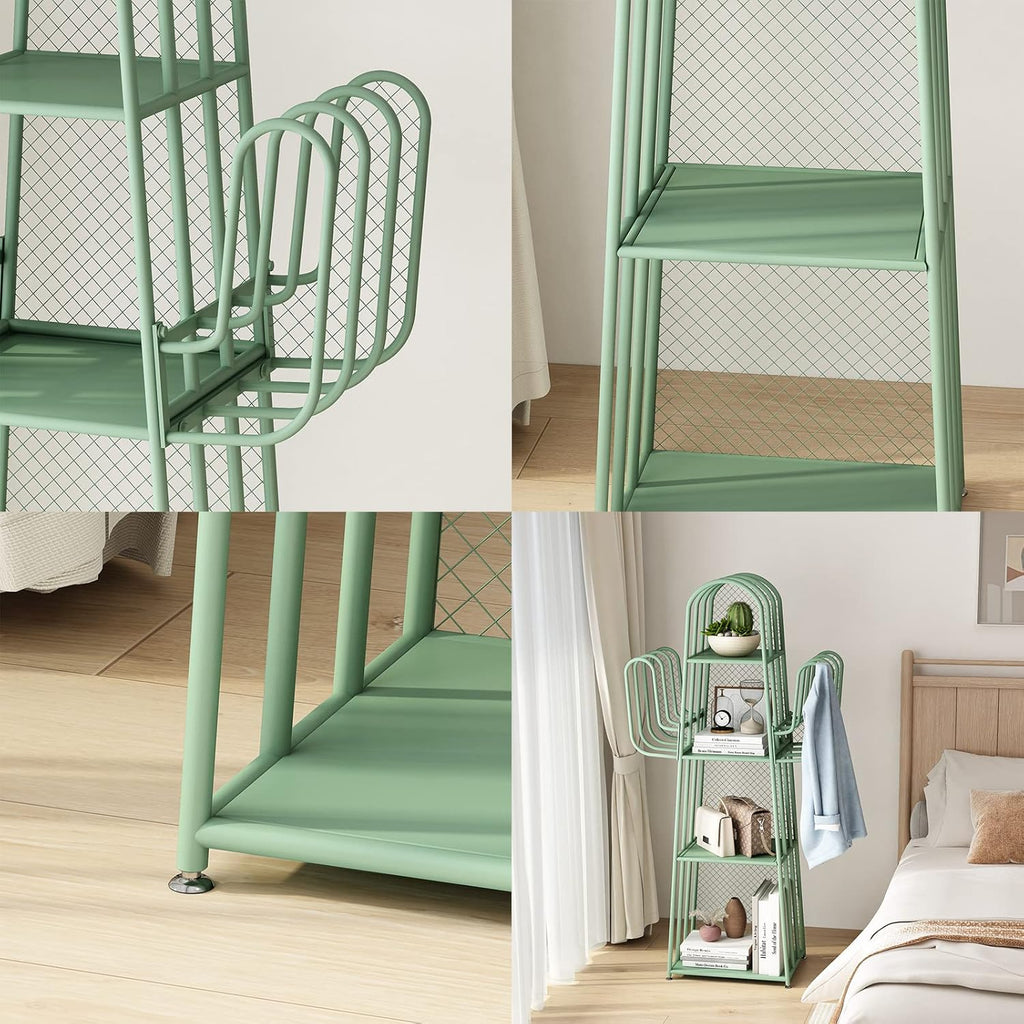 DOORXIF 4-Tier Ladder Green Bookshelves Freestanding, Cactus Bookcase Storage Organizer Closet Corner Metal Display Cabinet, Corner Bookshelf for Small Spaces, Green Bookcase for Bedroom Office