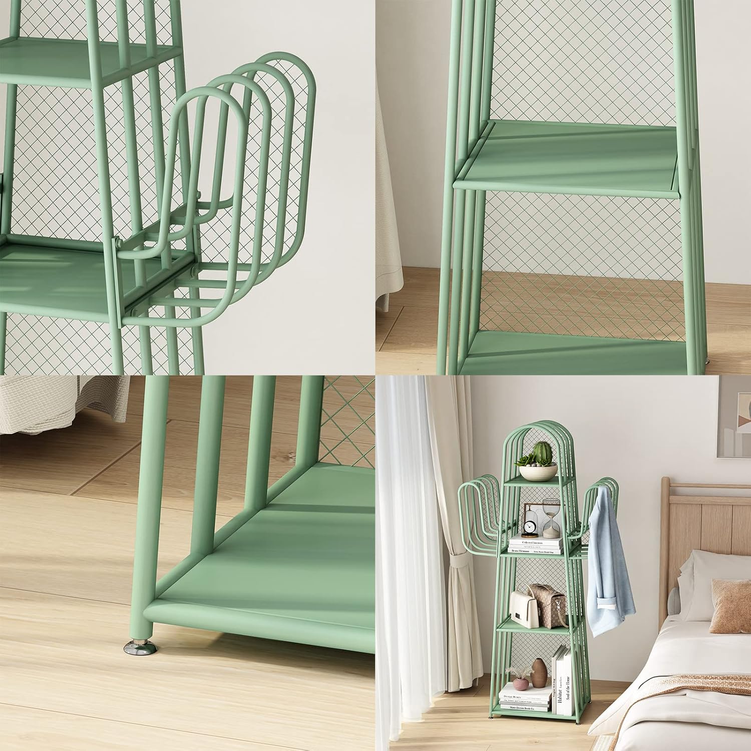 DOORXIF 4-Tier Ladder Green Bookshelves Freestanding, Cactus Bookcase Storage Organizer Closet Corner Metal Display Cabinet, Corner Bookshelf for Small Spaces, Green Bookcase for Bedroom Office