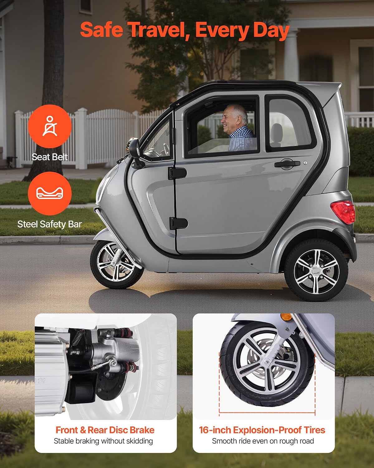 VEVOR 3-Wheel Enclosed Mobility Scooter for Seniors Adults, 650lbs Capacity, 3-Seater 1500W Electric Recreational Mobility Scooter 37 Miles Long Range, Remote Unlock, All-Terrain for Shopping Touring