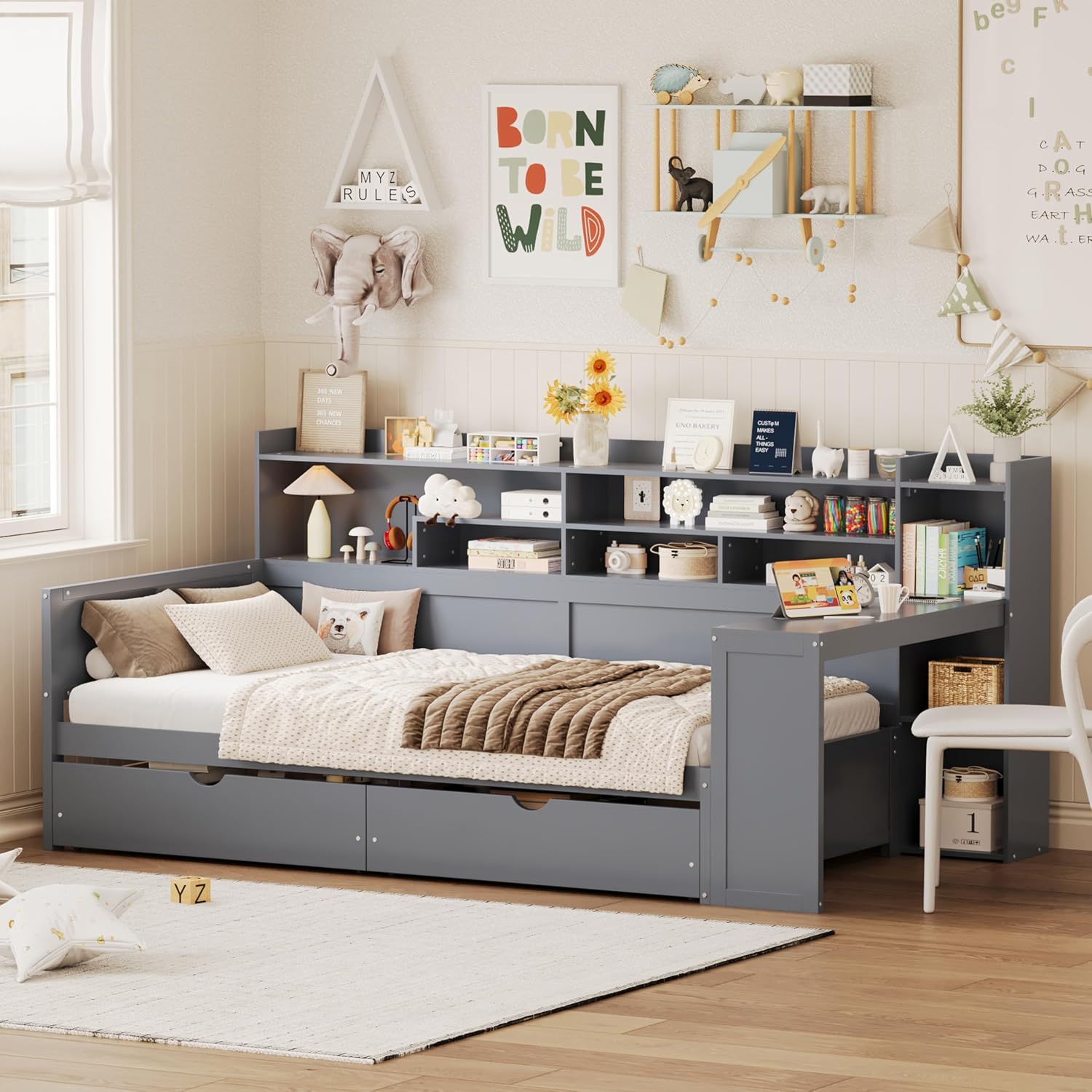 LUMISOL Twin Size Daybed with Storage Drawers, Corner Bed with Bookcase Headboard, Storage Shelves & Study Desk, Solid Wood Bed Frame for Kids, Teens & Adults, Grey