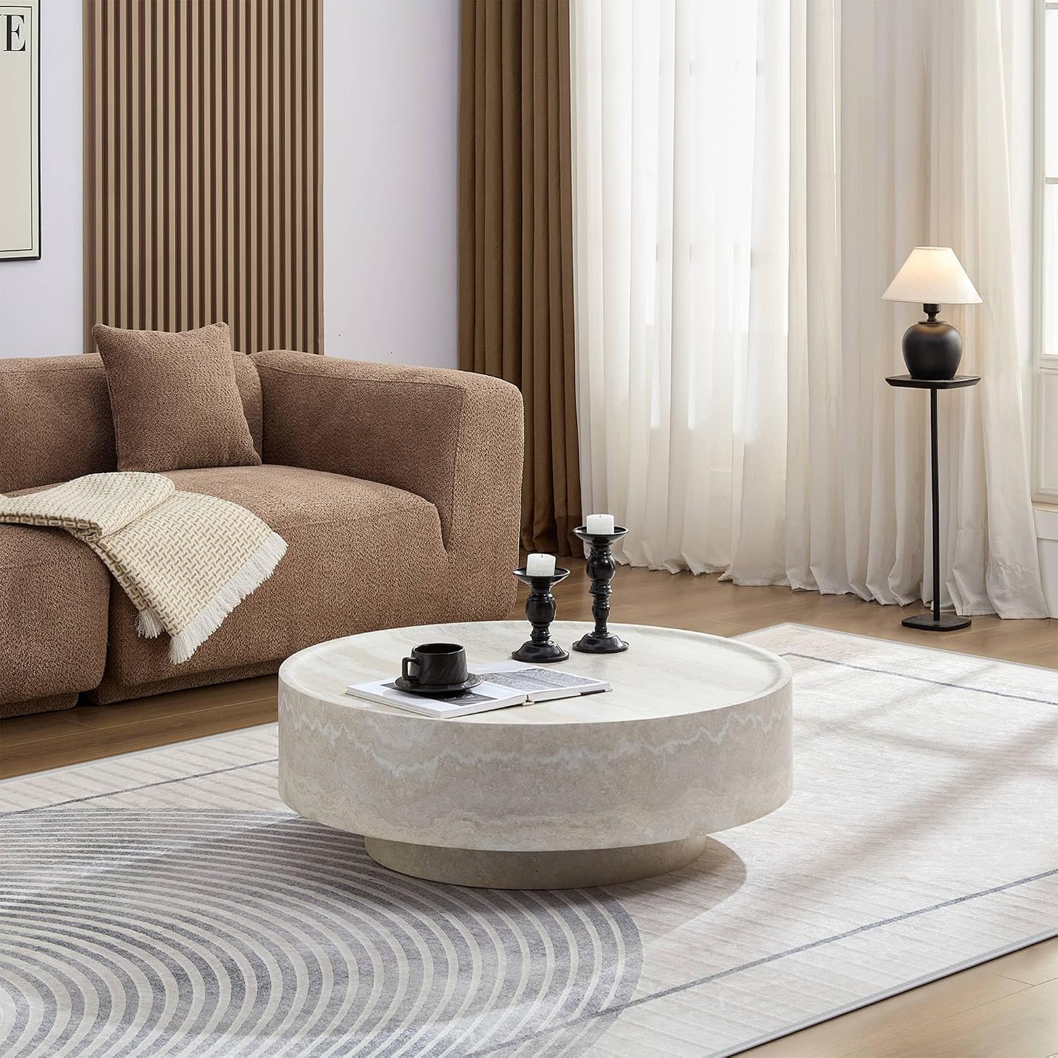 Round Coffee Tables for Living Room, Faux Mars Pattern Pedestal CoffeeTables Mid Century Modern Minimalist Side Tables Travertine Stone Pattern Accent End Table for Apartment, Office Fibgerglass Beige