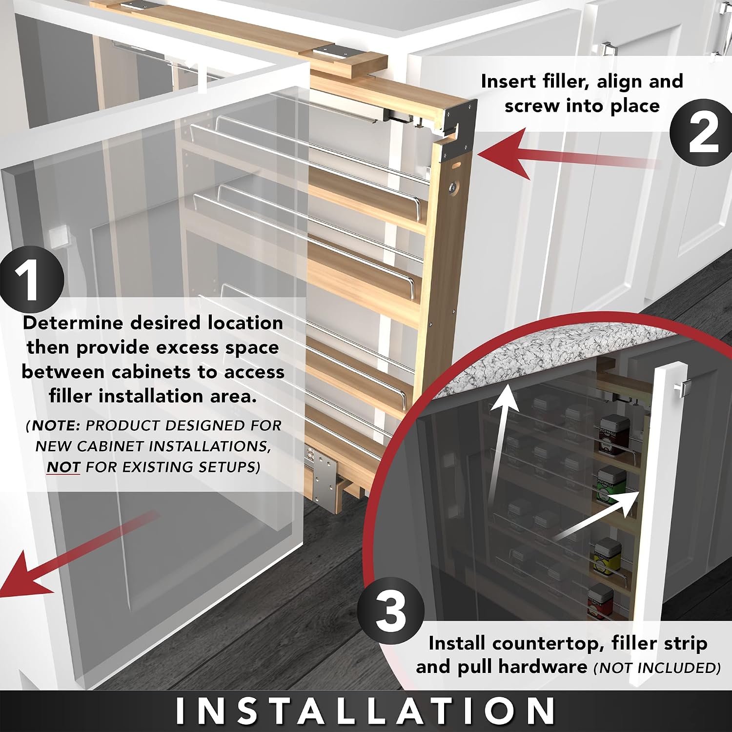 Rev-A-Shelf Pullout Shelf Organizer for Base Kitchen or Bathroom Cabinets, Wood Filler Pantry Storage or Spice Rack, Maple, 3' x 23' x 30', 432-BF-3C