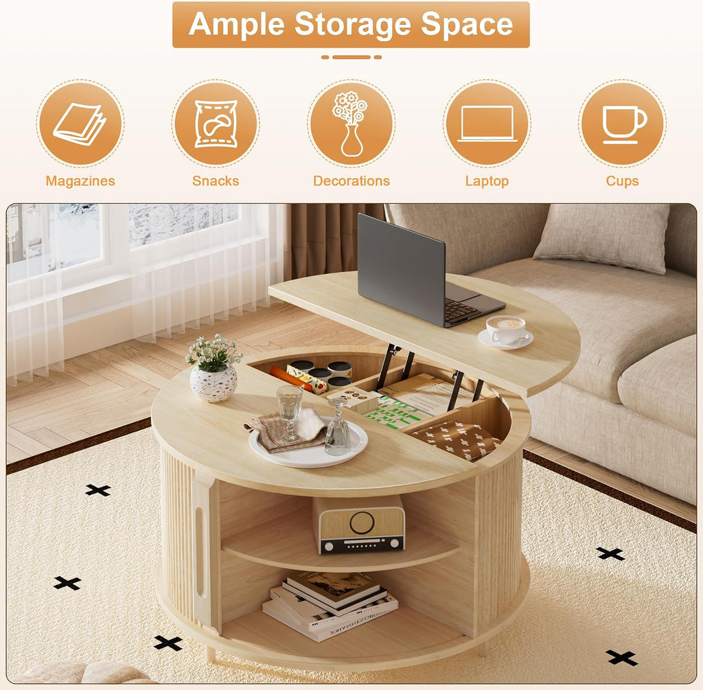 Round Lift Top Coffee Table, 31.5' Fluted Wood Lift Up Center Table with Sliding Door & Hidden Storage – Mid Century Modern Circle Coffee Table for Living Room, Apartmentm, Home Office (Natural)