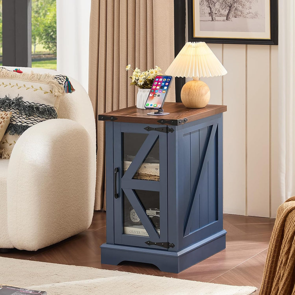 Joaxswe Farmhouse Coffee Table Set of 3, Narrow NightStands with Glass Barn Door Storage, Large Coffee Tables with Hidden Storage Organizer, Furniture Sets for Office, Living Room, Blue