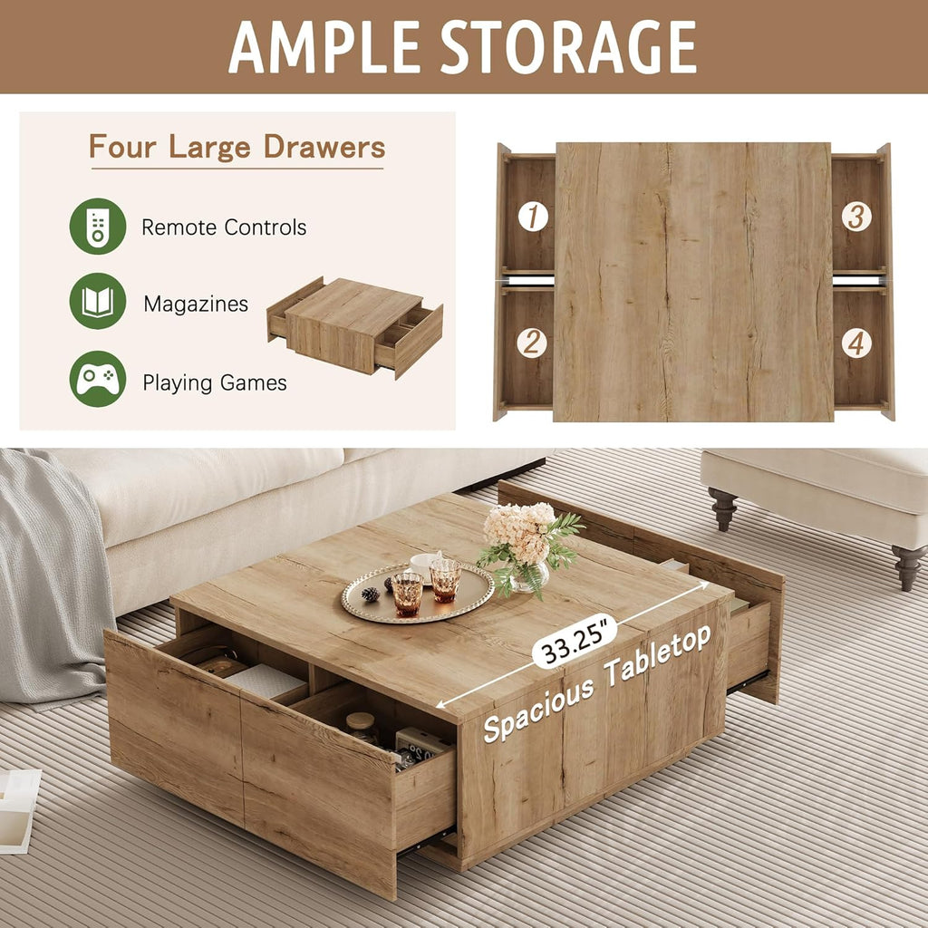 SSLine Square Coffee Table with 4 Storage Drawers,33.2-Inch Natural Wooden Coffee Table for Living Room Minimalist Cocktail Center Tables for Small Space